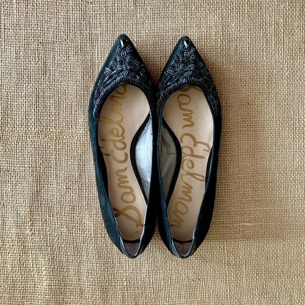 Sam Edelman Black Pointy Flats w/ Beadwork on Toe Top Leather Size 7